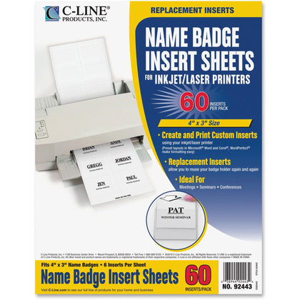 C-Line Badge Insert Refills: 4x3’’ Rectangle White - 60 Pack - ID Badges & Supplies
