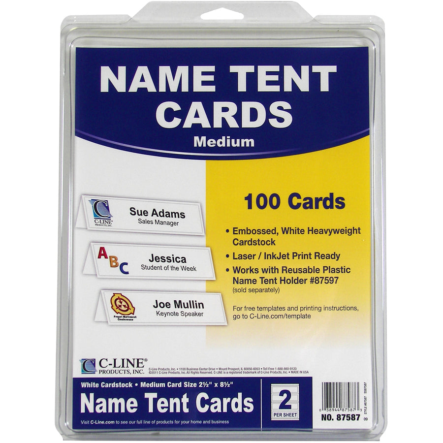 C-Line Embossed Cardstock Name Tents - Letter - 8 1/2’’ x 11’’ - White - 100 / Box - Tent & Placement Cards