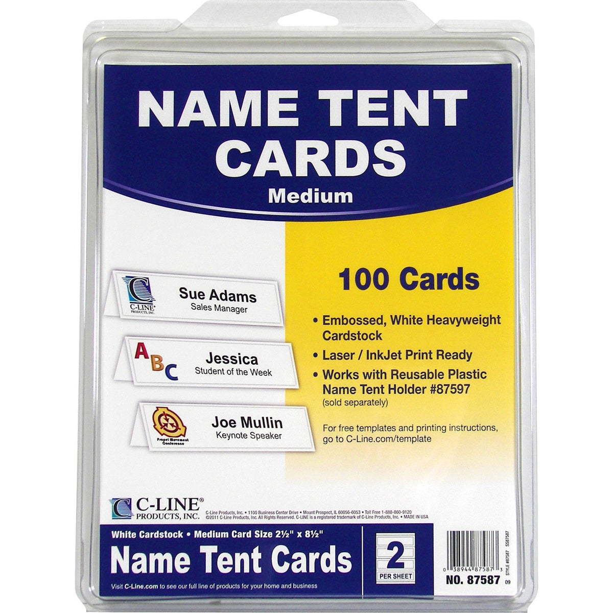 C-Line Embossed Cardstock Name Tents - Letter - 8 1/2’’ x 11’’ - White - 100 / Box - Tent & Placement Cards