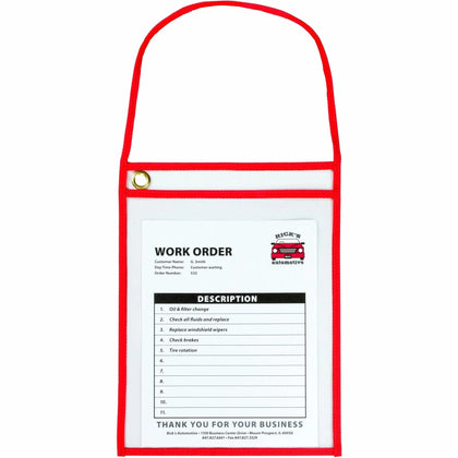 C-Line Hanging Strap Shop Ticket Holder: Support 9’’ x 12’’ Media - Red Clear - 15/Box - Plastic Holders & Pockets