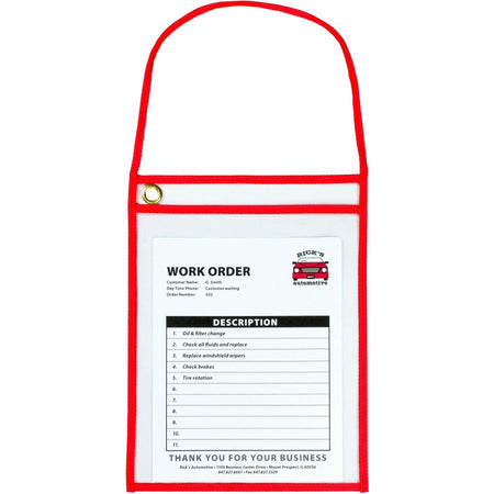 C-Line Hanging Strap Shop Ticket Holder: Support 9’’ x 12’’ Media - Red Clear - 15/Box - Plastic Holders & Pockets