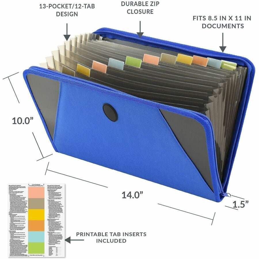 C-Line Letter Expanding File - 8 1/2’’ x 11’’ - 300 Sheets Capacity - 13 Pocket(s) - Blue - Zipper Closure - 1 Each