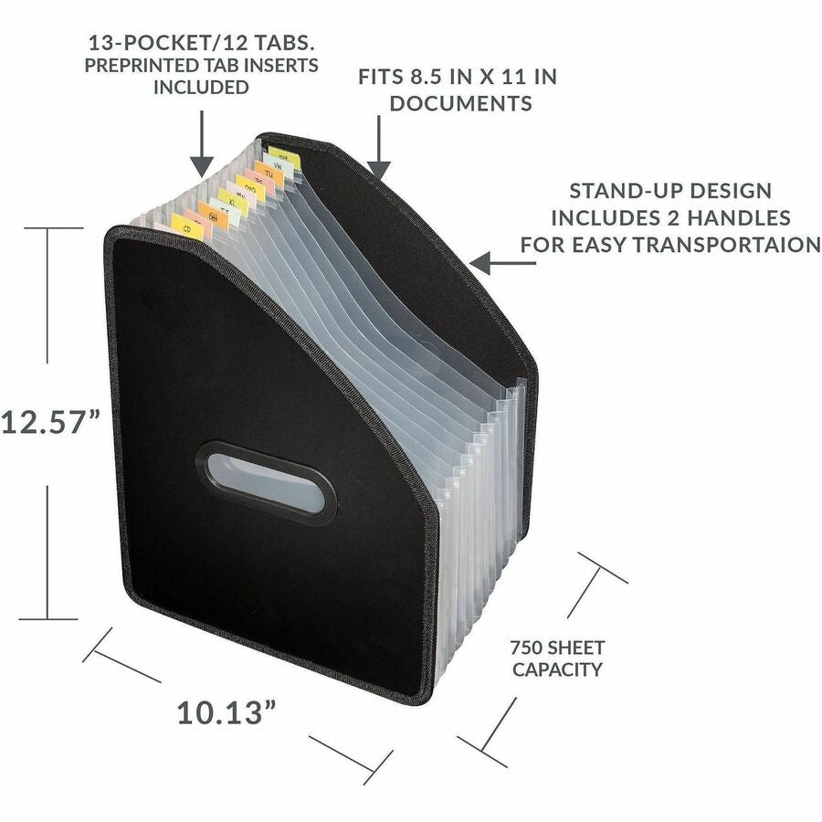 C-Line Letter Expanding File - 8 1/2’’ x 11’’ - 750 Sheets Capacity - 13 Pocket(s) - 12 Divider(s) - Black - Files