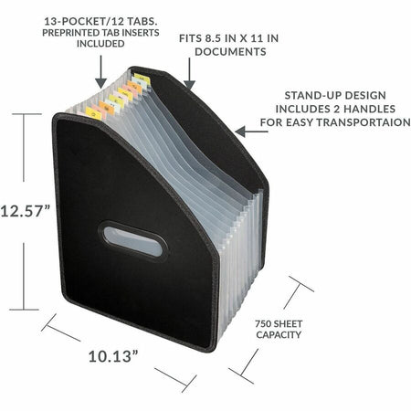 C-Line Letter Expanding File - 8 1/2’’ x 11’’ - 750 Sheets Capacity - 13 Pocket(s) - 12 Divider(s) - Black - Files