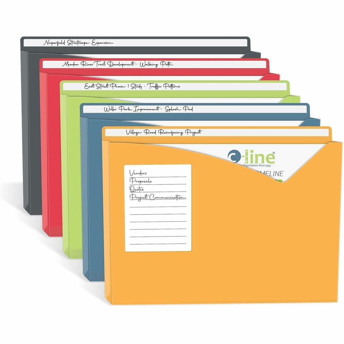 C-Line Letter File Jacket - 8 1/2’’ x 11’’ - 1’’ Expansion - Charcoal Gray Lime Green Raspberry Red Steel Blue Amber