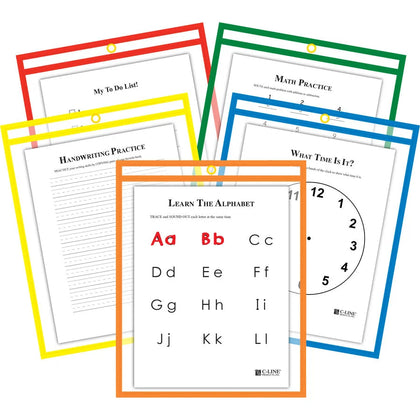 C-Line Reusable Dry Erase Pockets: Assorted Primary Colors 9’’ x 12’’ 25/Box - Learning Boards & Supplies