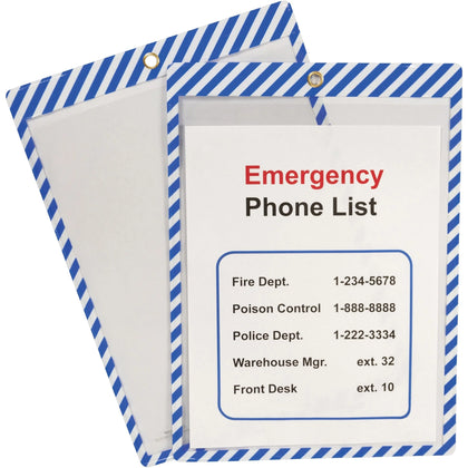 C-Line Safety Striped Shop Ticket Holders - Durable Vinyl - Blue/White - 25/Box - Sheet Protectors