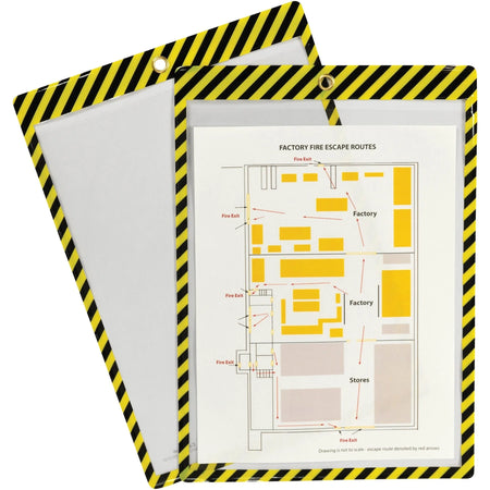 C-Line Safety Striped Shop Ticket Holders - Durable Vinyl - Yellow/Black - 25/Box - Sheet Protectors