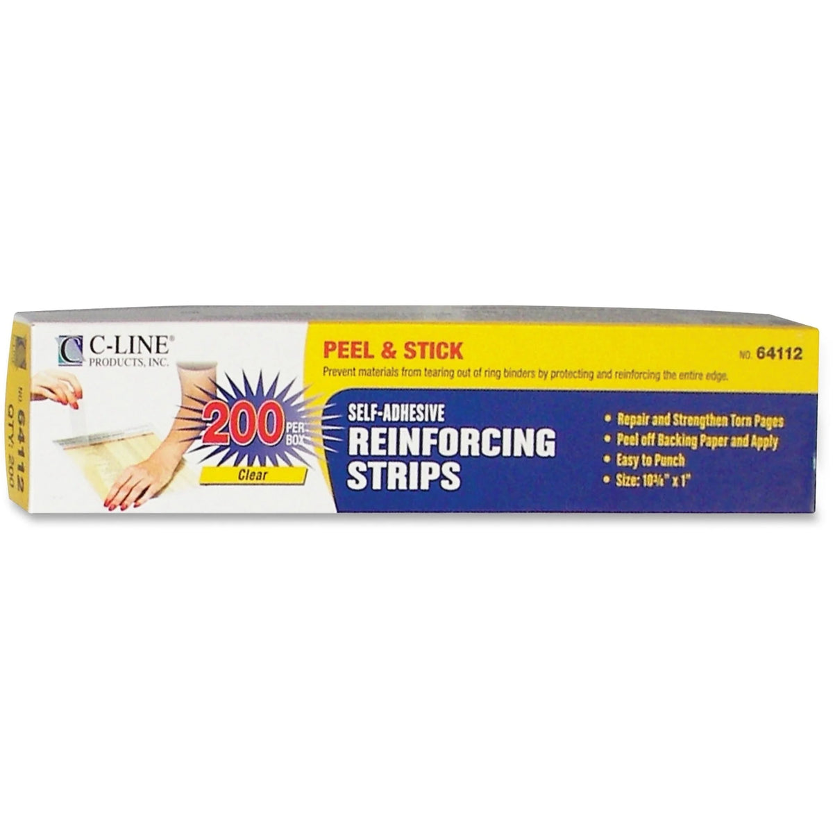 C-Line Self-Adhesive Reinforcing Strips: Clear Plastic 10.8’’ x 1’’ 200/Box - Binder Reinforcements