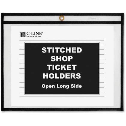 C-Line Side Load Stitched Shop Ticket Holders - 8.50’’ x 11’’ - Vinyl - Black/Clear - Sturdy - 25/Box - Sheet Protectors
