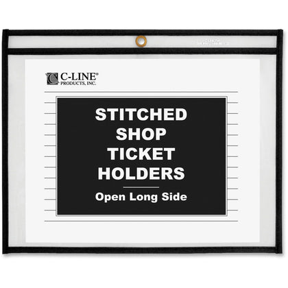 C-Line Side Load Stitched Shop Ticket Holders - 8.50’’ x 11’’ - Vinyl - Black/Clear - Sturdy - 25/Box - Sheet Protectors