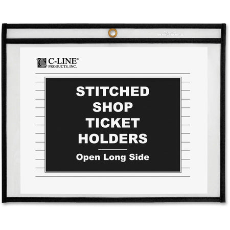 C-Line Side Load Stitched Shop Ticket Holders - 8.50’’ x 11’’ - Vinyl - Black/Clear - Sturdy - 25/Box - Sheet Protectors