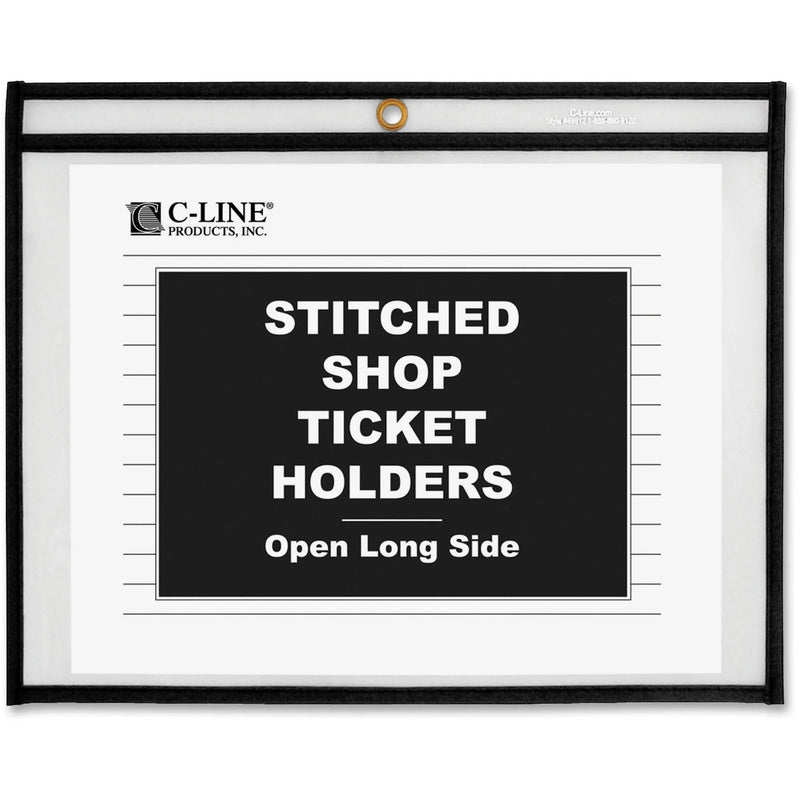 C-Line Side Load Stitched Shop Ticket Holders - 8.50’’ x 11’’ - Vinyl - Black/Clear - Sturdy - 25/Box - Sheet Protectors