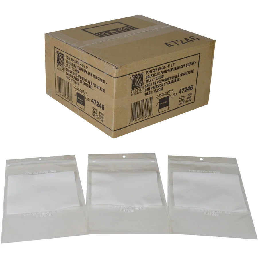C-Line Small Parts Bags: 6x4’’ Zipper Closure 2 mil - 1000/Carton - Storage Pouches