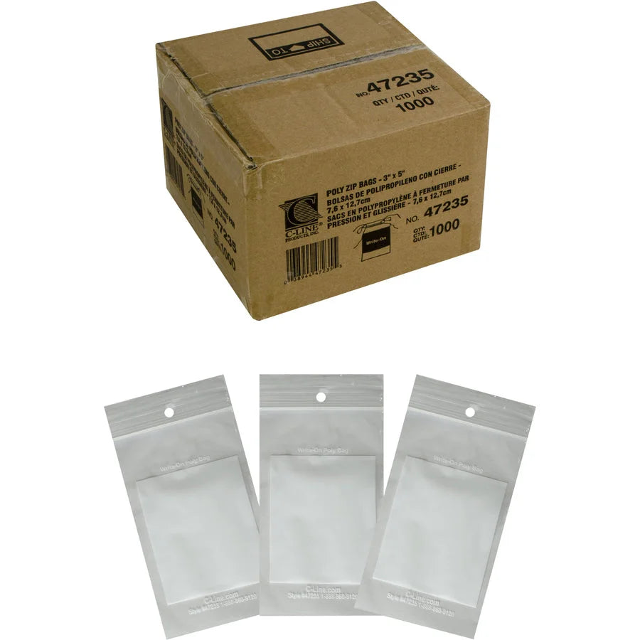 C-Line Write-On Reclosable Small Parts Bags - Clear Poly - 5x3 - 1000/Ctn - Storage Pouches