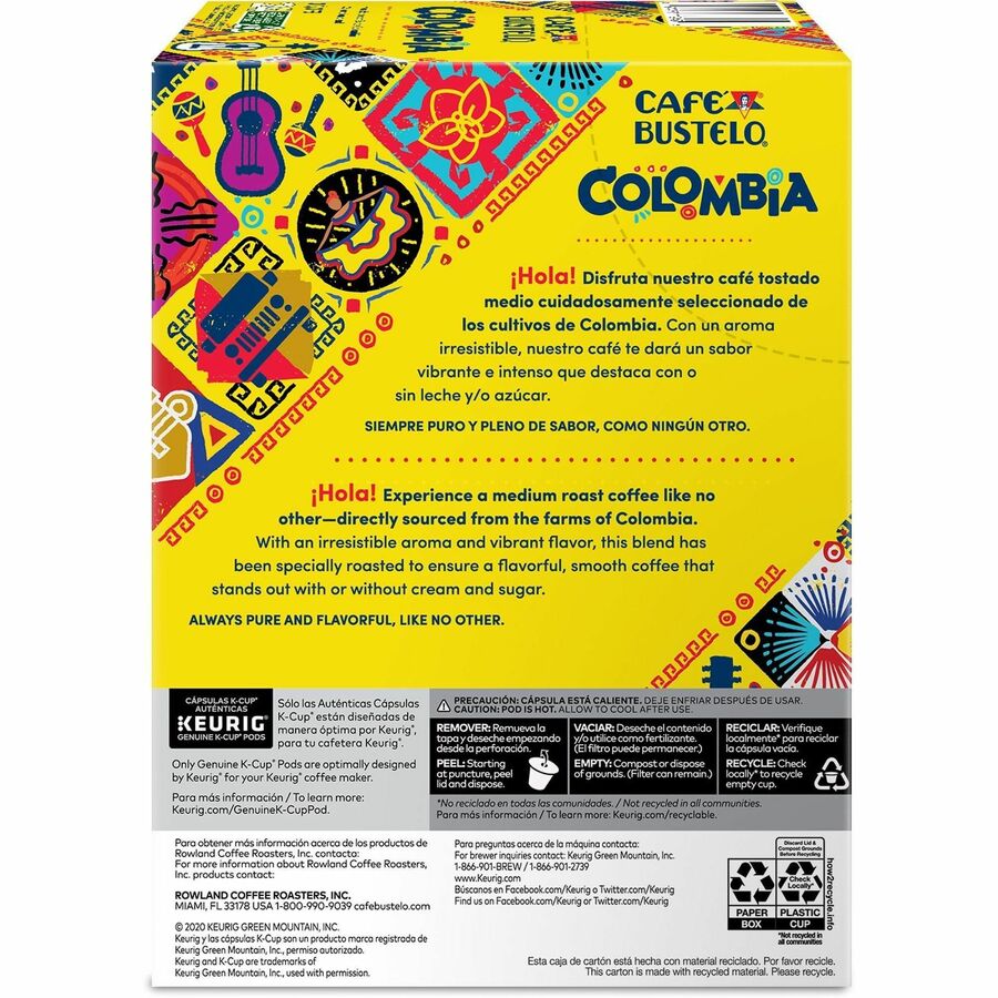 Café Bustelo K-Cup Colombia Coffee - Compatible with Keurig Brewer - Medium - Per Box - 24