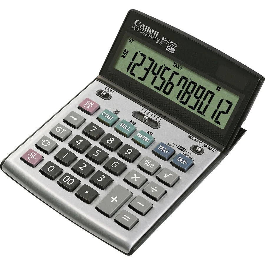Canon BS1200TS Desktop Calculator - Metal Cover 12-Digit LCD Battery/Solar Powered - Metallic Gray - Calculators