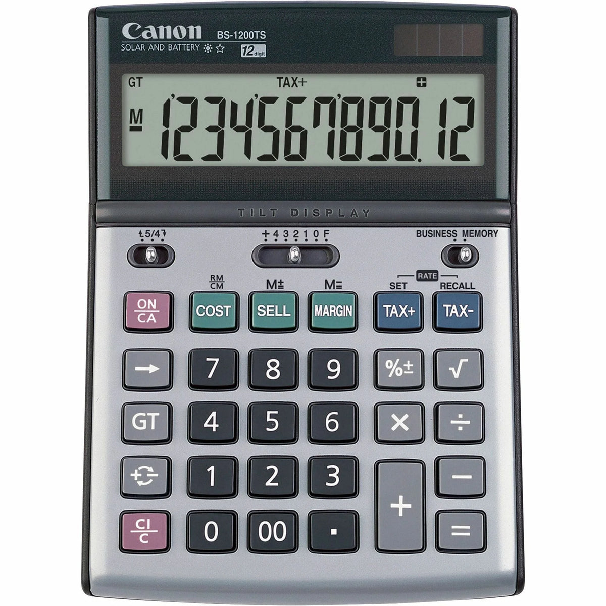 Canon BS1200TS Desktop Calculator - Metal Cover 12-Digit LCD Battery/Solar Powered - Metallic Gray - Calculators