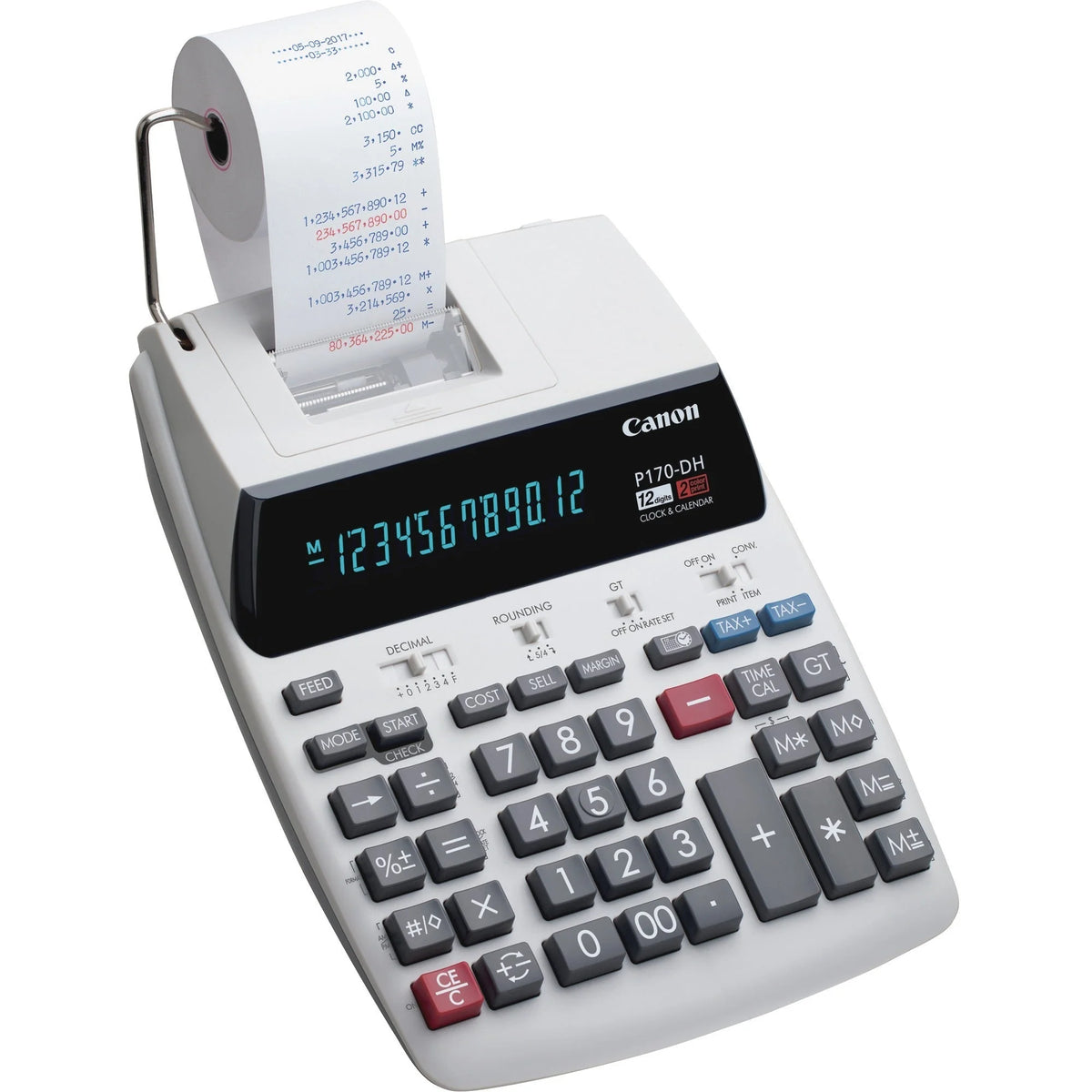 Canon P170-DH-3 Printing Calculator: Calendar Clock Item Count - Compact Design - 12 Digits - White - Calculators