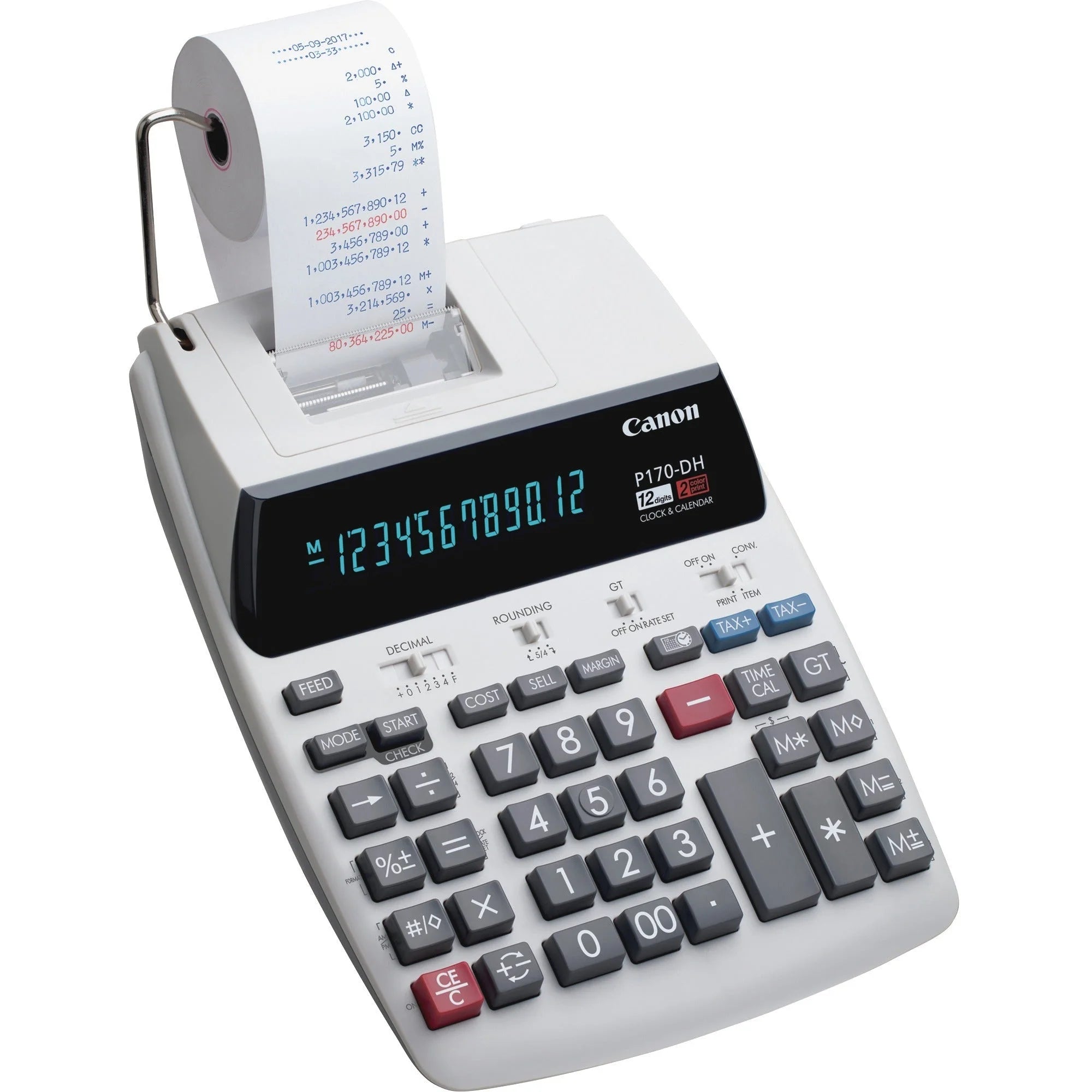 Canon P170-DH-3 Printing Calculator: Calendar Clock Item Count - Compact Design - 12 Digits - White - Calculators
