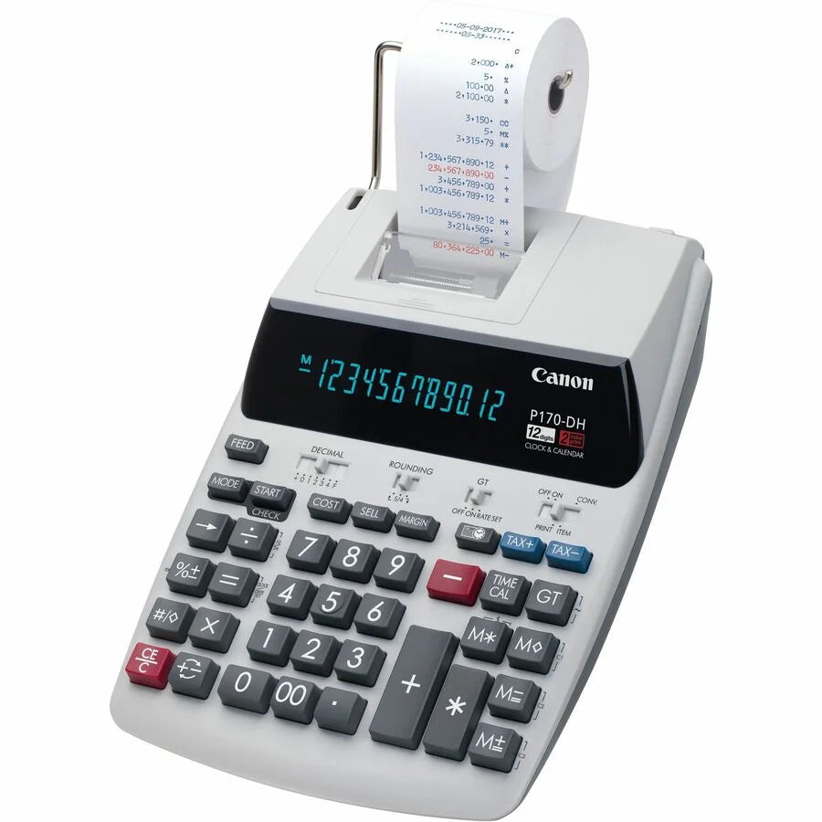 Canon P170-DH-3 Printing Calculator: Calendar Clock Item Count - Compact Design - 12 Digits - White - Calculators