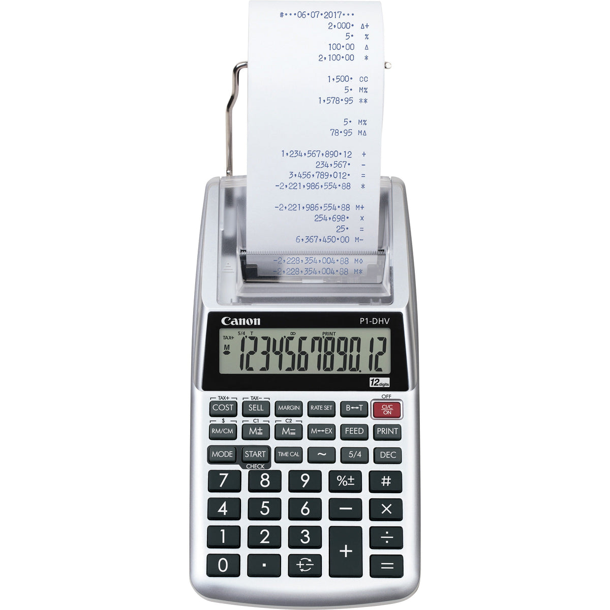 Canon P1DHV3 Compact Printing Calculator - Sign Change Memory Item Count - 12 Digits - 1.6’’ x 3.9’’ 7.7’’ - Silver