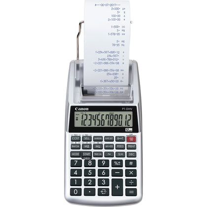 Canon P1DHV3 Compact Printing Calculator - Sign Change Memory Item Count - 12 Digits - 1.6’’ x 3.9’’ 7.7’’ - Silver