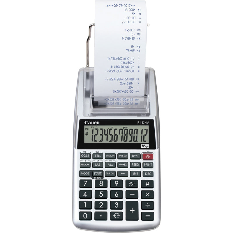 Canon P1DHV3 Compact Printing Calculator - Sign Change Memory Item Count - 12 Digits - 1.6’’ x 3.9’’ 7.7’’ - Silver