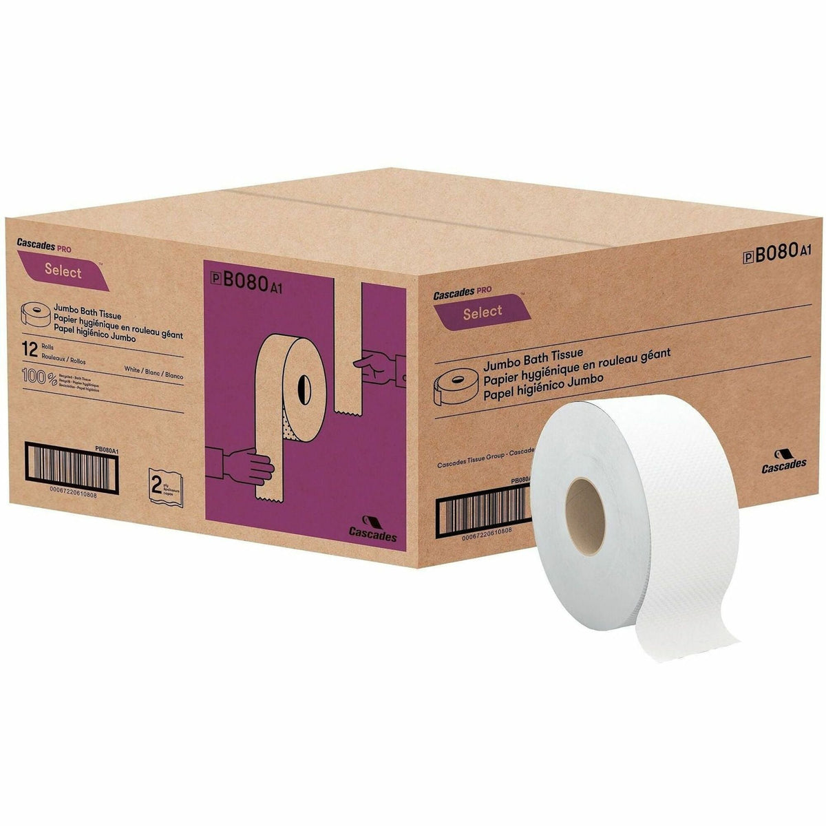 Cascades PRO Select Jumbo Toilet Paper - 2 Ply - 3.30’’ Width x 500 ft Length - White - Fiber - 12 / Carton - Bathroom
