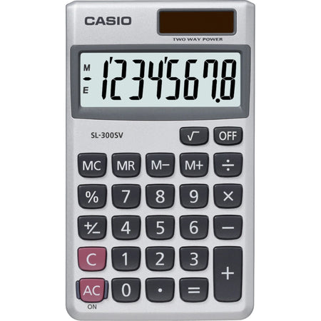 Casio SL300 Handheld Calculator: 8-Digit Battery/Solar Powered - Silver - Calculators