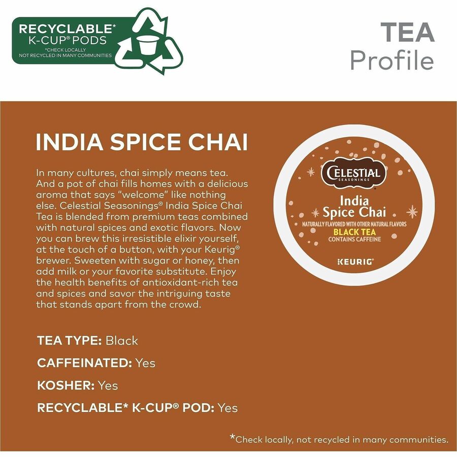 Celestial Seasonings® India Spice Chai - Compatible with Keurig Brewer - 24 / Box - Tea