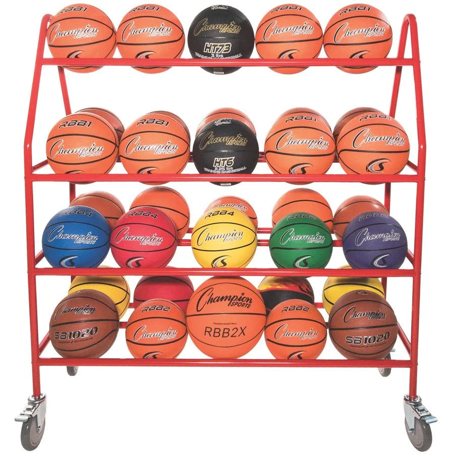 Champion Sports Deluxe Pro Ball Cart: Steel 4 Casters Red - 51’’ x 18.50’’ 54’’ - Equipment