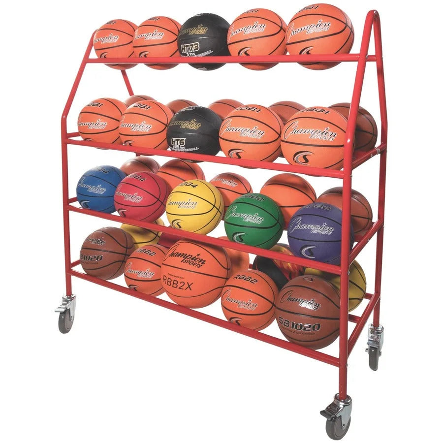 Champion Sports Deluxe Pro Ball Cart: Steel 4 Casters Red - 51’’ x 18.50’’ 54’’ - Equipment