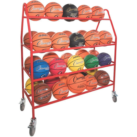 Champion Sports Deluxe Pro Ball Cart: Steel 4 Casters Red - 51’’ x 18.50’’ 54’’ - Equipment