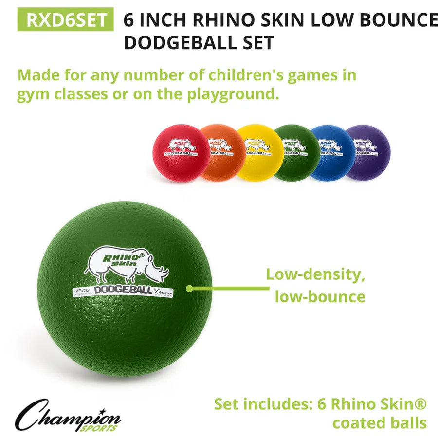 Champion Sports Rhino Skin Dodgeball Set - 6.30’’ Low Bounce Foam - 6 Colors - 6/Set - Equipment