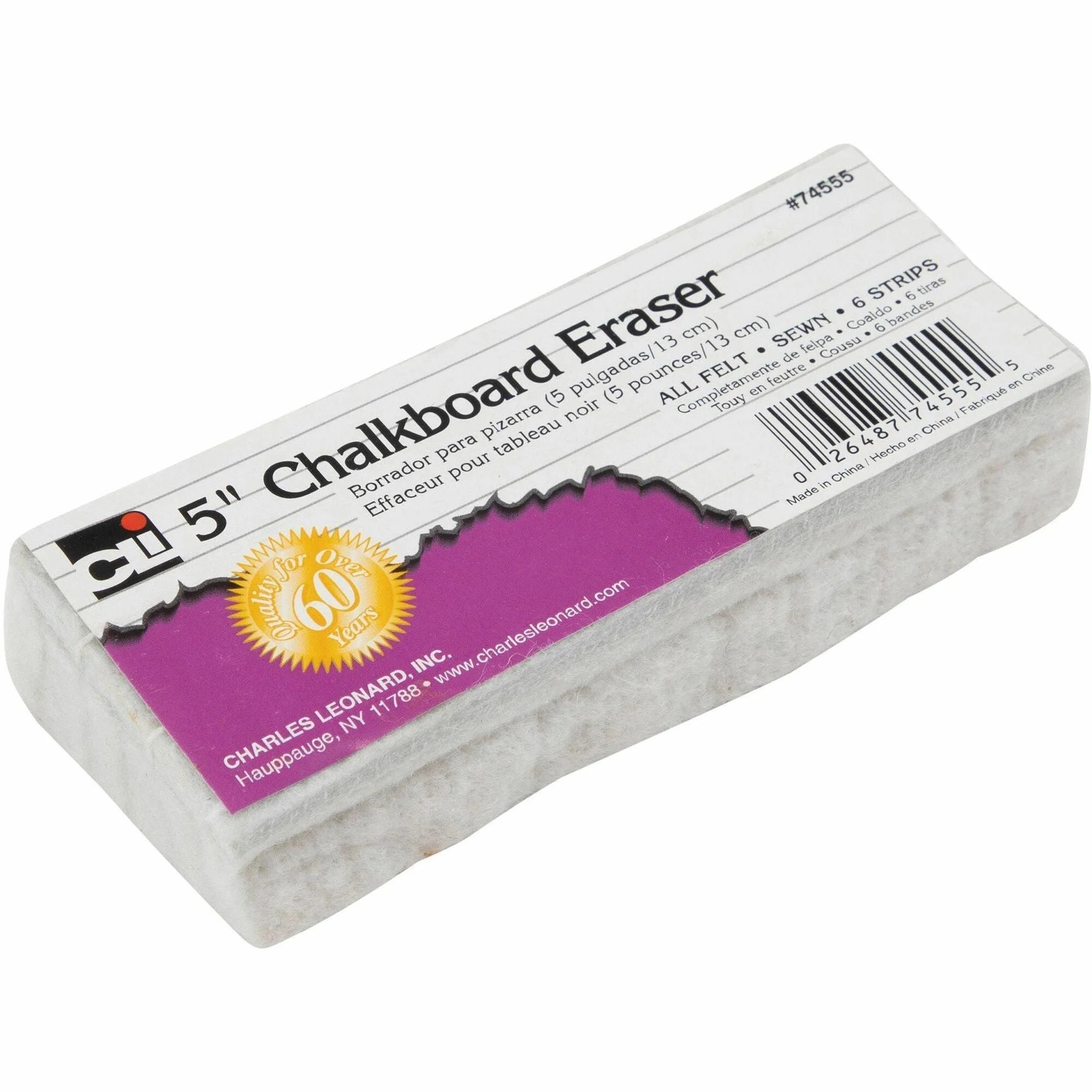 Charles Leonard 5’’ Felt Chalkboard Eraser - White - 1 Pack - Learning Boards & Supplies