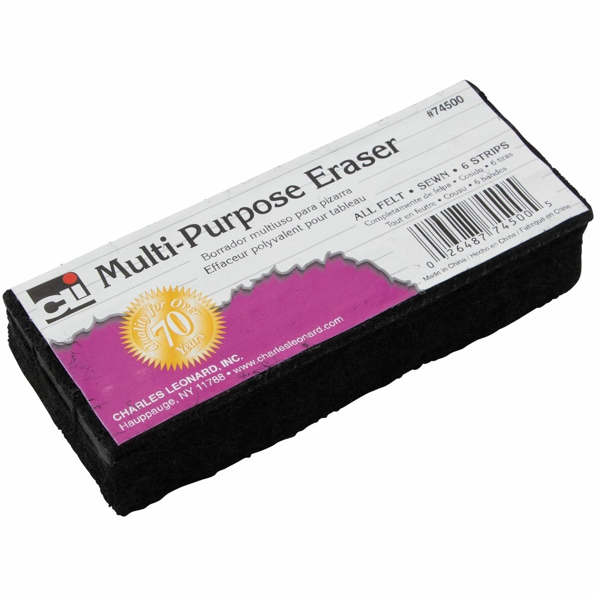 Charles Leonard Multi-Purpose Eraser: 2x5’’ Washable Black Felt - Learning Boards & Supplies