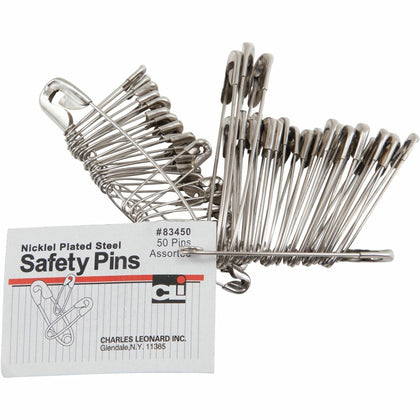 Charles Leonard Safety Pins: Assorted Sizes Nickel Plated - 50 Pack - Board & Easel Accessories