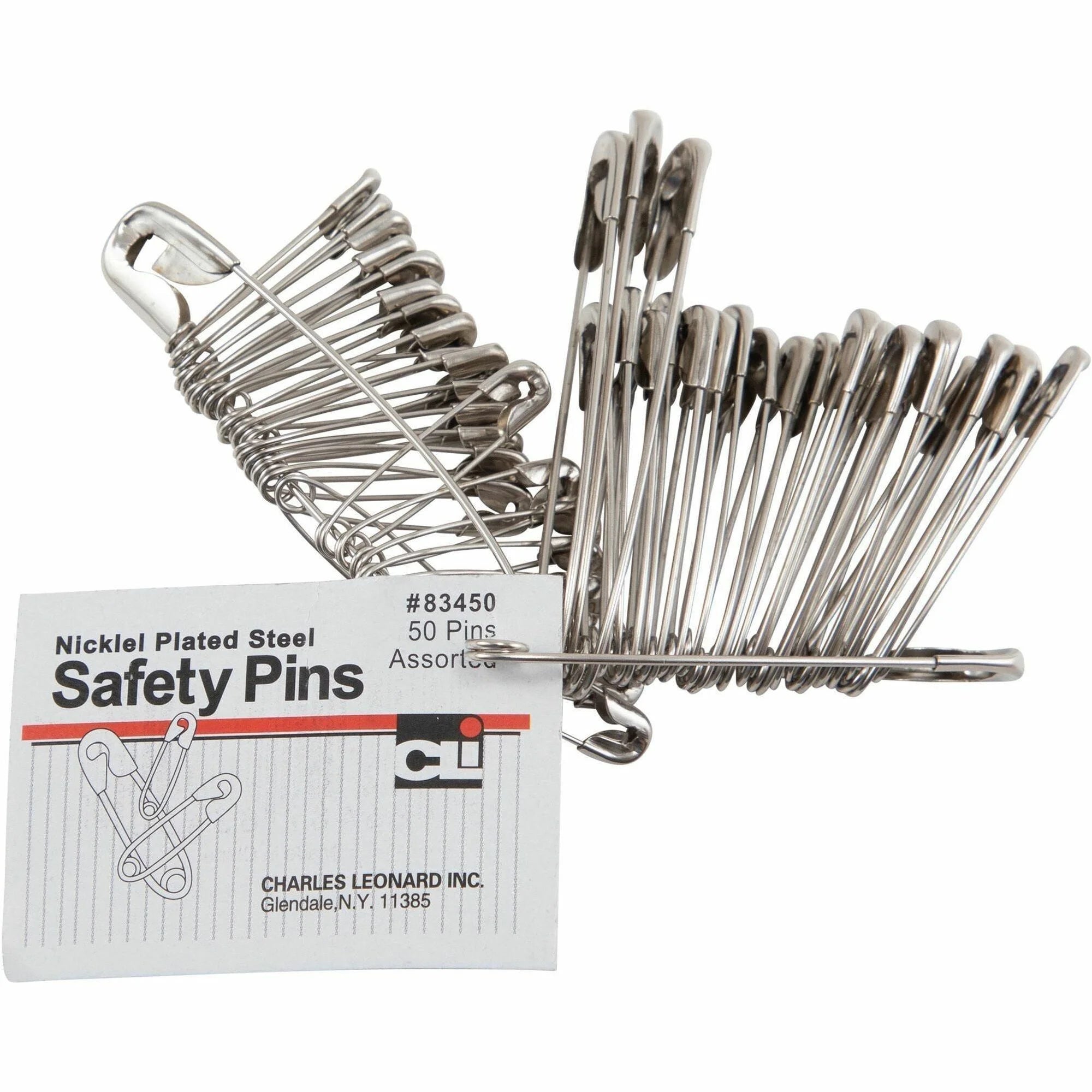 Charles Leonard Safety Pins: Assorted Sizes Nickel Plated - 50 Pack - Board & Easel Accessories