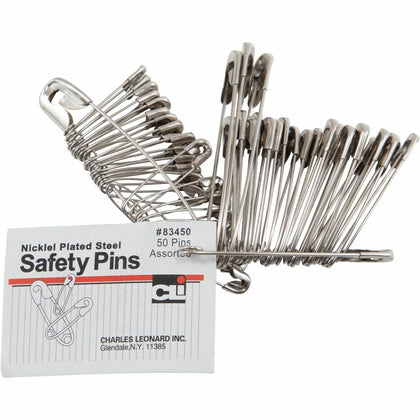 Charles Leonard Safety Pins: Assorted Sizes Nickel Plated - 50 Pack - Board & Easel Accessories