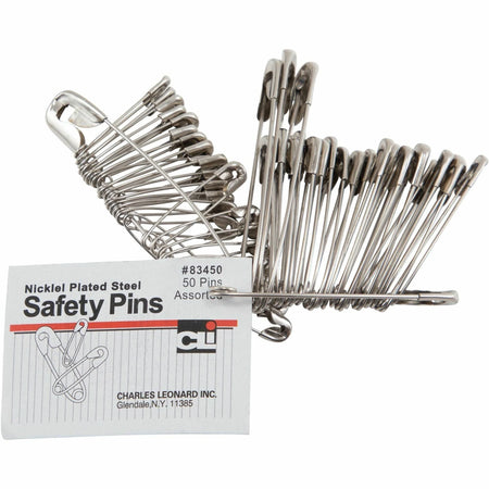 Charles Leonard Safety Pins: Assorted Sizes Nickel Plated - 50 Pack - Board & Easel Accessories