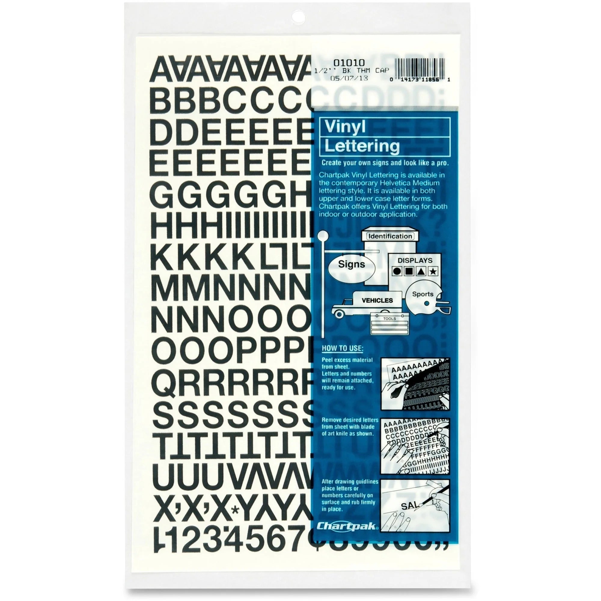 Chartpak Vinyl Helvetica Style Letters/Numbers - Easy-to-Use Self-Adhesive Shapes - 0.50’’ Height - Black - 201/Pack