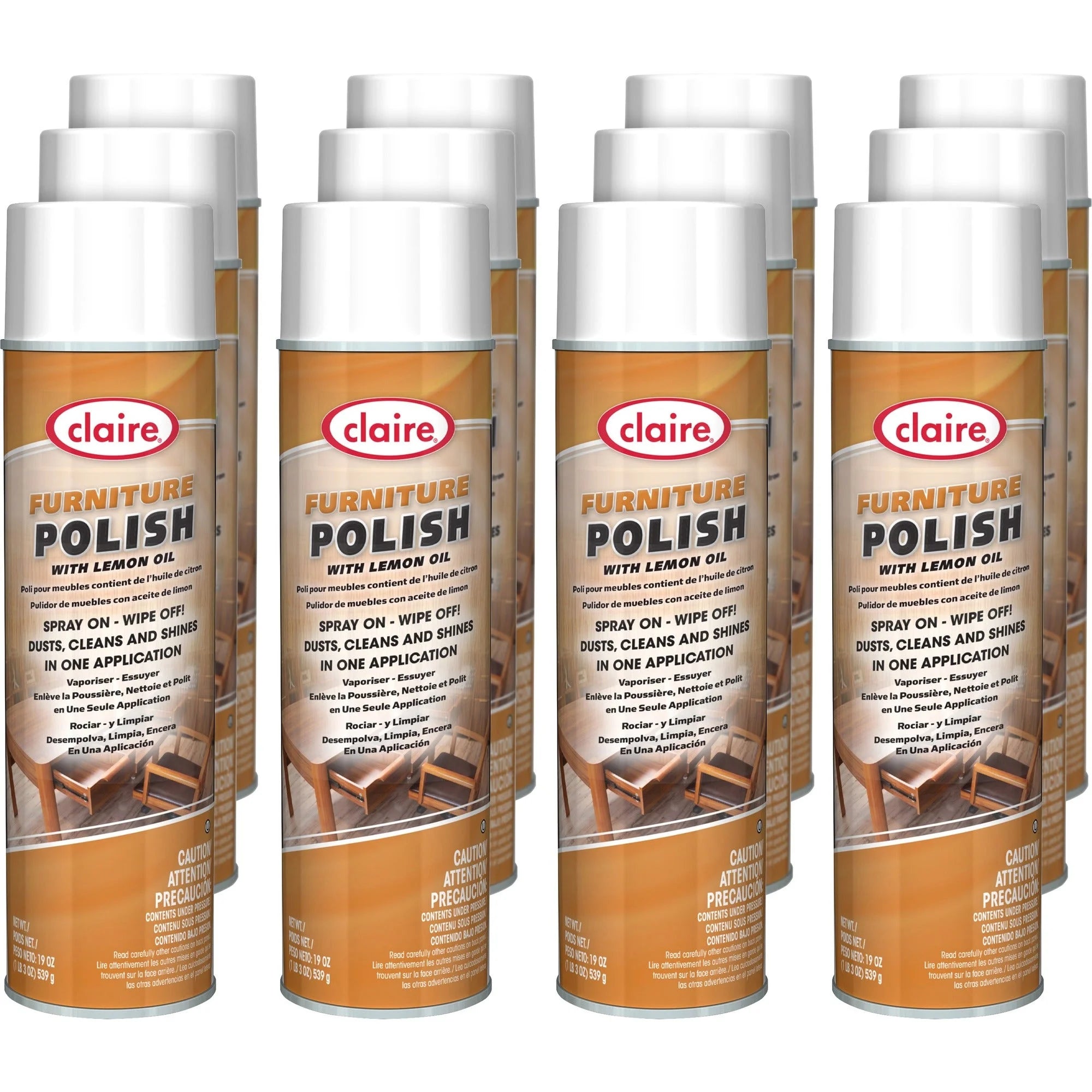 Claire Multi-Surface Furniture Polish: Fresh Lemon Scent Dust-Free - 12/Carton - Specialty Cleaners