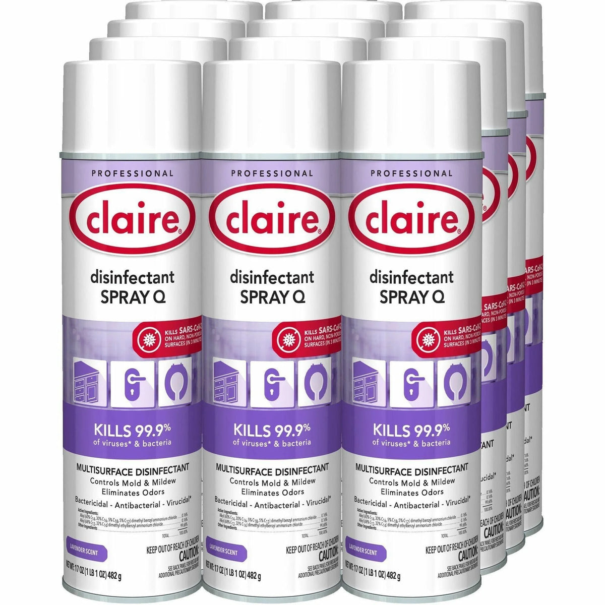 Claire Multipurpose Disinfectant Spray: Lavender Scent - 17 fl oz - 12/Carton - Disinfectants