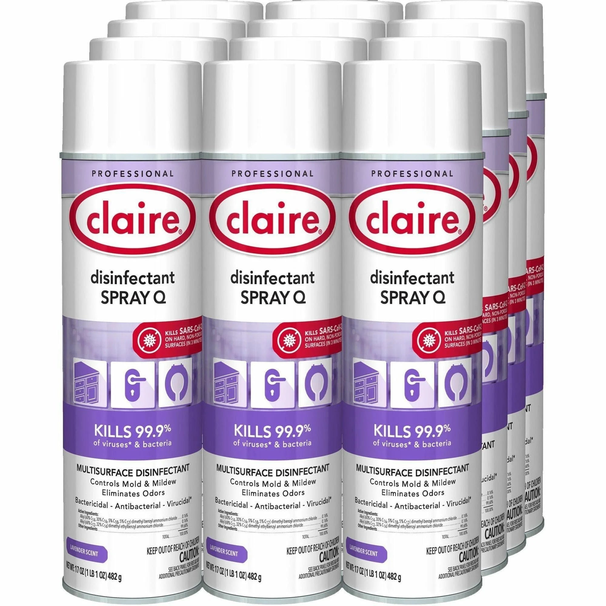 Claire Multipurpose Disinfectant Spray: Lavender Scent - 17 fl oz - 12/Carton - Disinfectants