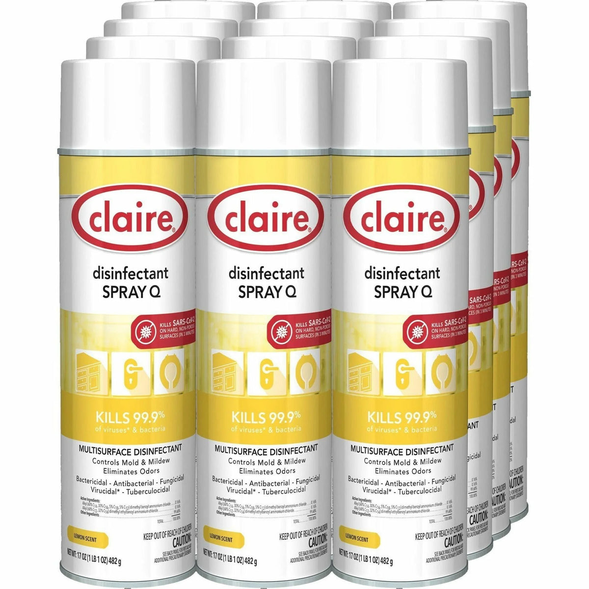 Claire Multipurpose Disinfectant Spray - Lemon Scent - Antibacterial - 12/Carton - Disinfectants