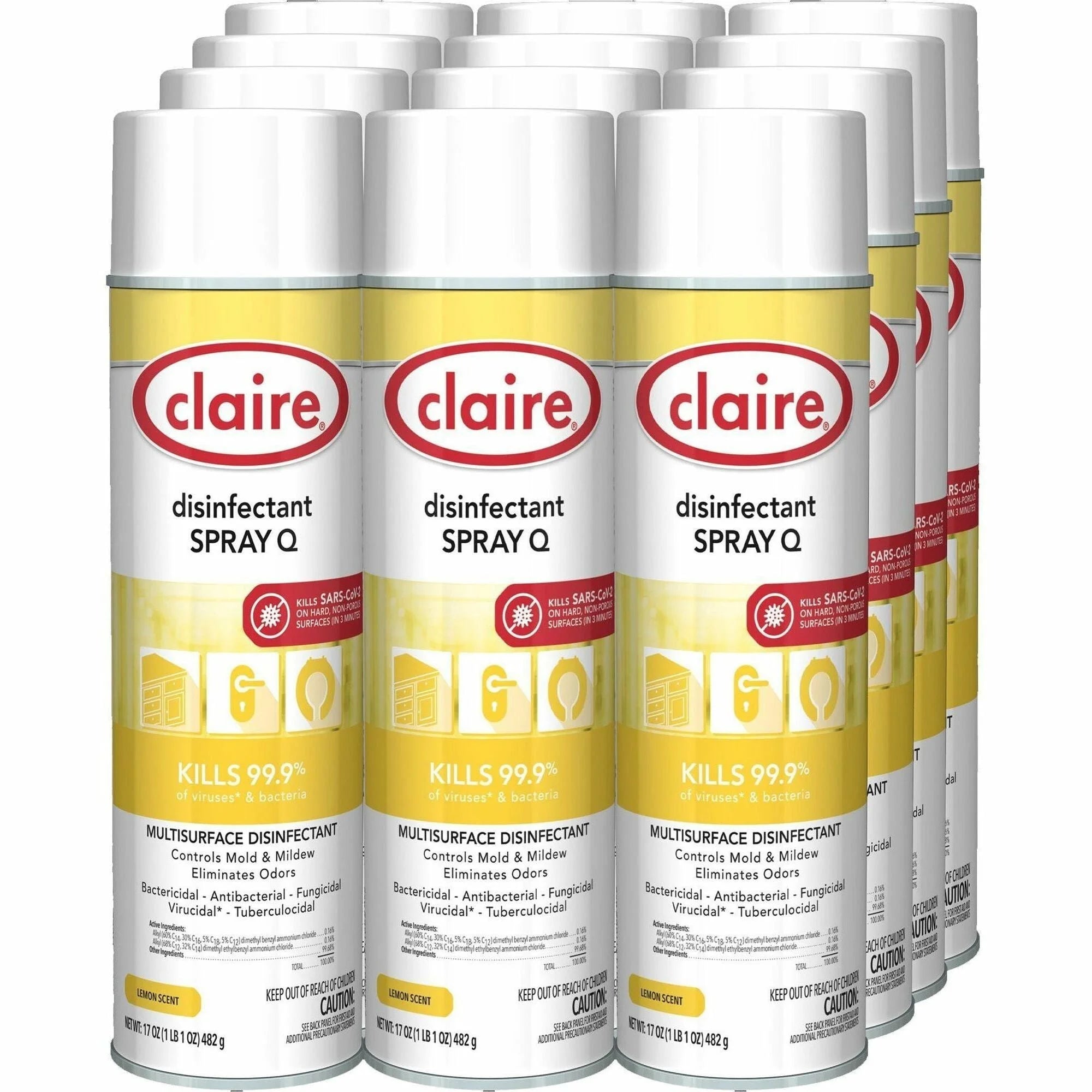 Claire Multipurpose Disinfectant Spray - Lemon Scent - Antibacterial - 12/Carton - Disinfectants