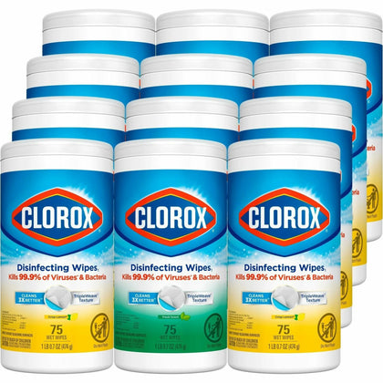 Clorox Disinfecting Wipes Value Pack - Lemon Scent - 75 Wipes/Tub - 12 Carton - Cleaning