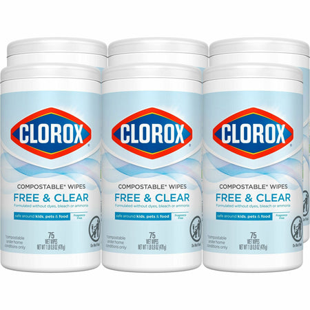 Clorox Free & Clear Compostable Cleaning Wipes - Fragrance-free Dye-free - 75 Wipes/Tub - 6 Carton
