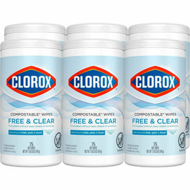 Clorox Free & Clear Compostable Cleaning Wipes - Fragrance-free Dye-free - 75 Wipes/Tub - 6 Carton